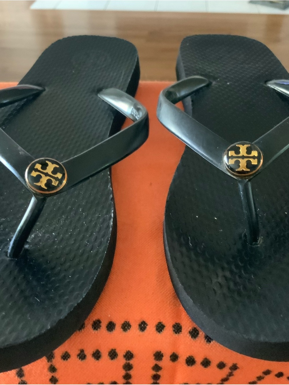 Tory Burch Black Flip Flop Sandals with Gold Logo
